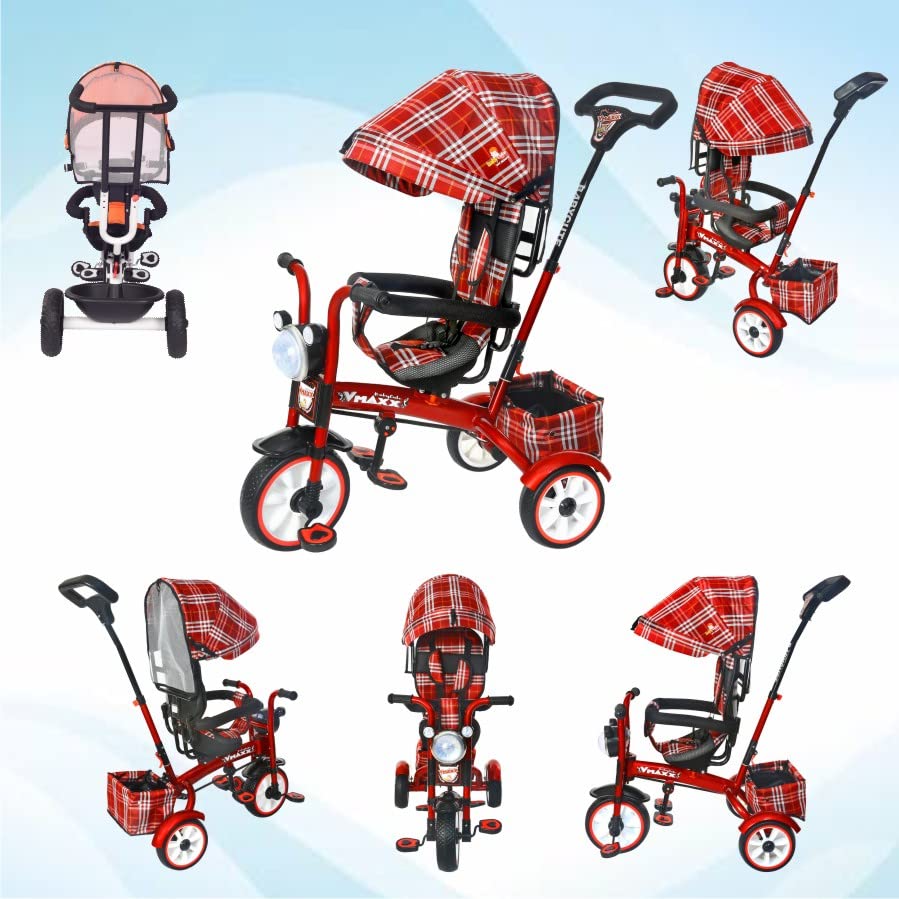 BABYCUTE Baby Tricycle for 2 Years to 5 Years | Tricycle for Kids 1 to 5 Years with Printed Canopy and Parent Push Handle (Red) - MRGTOYS