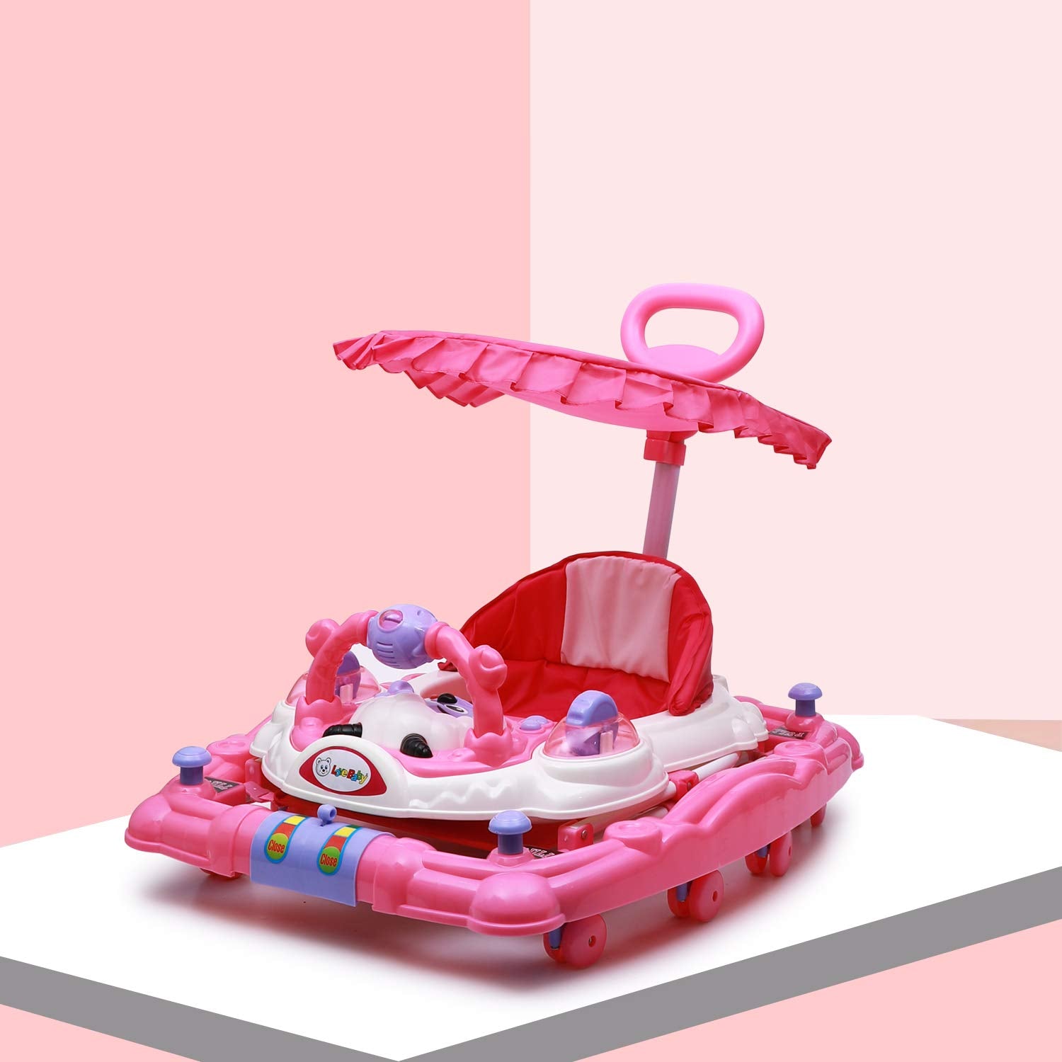 Love Baby Activity Walker for Kids with Canopy Adjustable Height Musical Tray and Light for 6 Months  Kids (Pink) - MRGTOYS