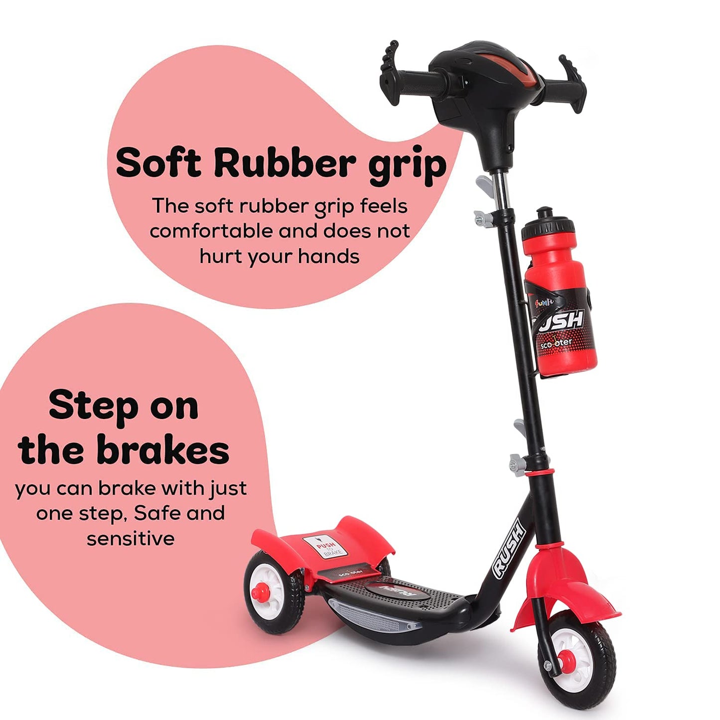 Fun Ride Funride Kids Scooter Rush Dx with Lights & Music, Three Wheel Kick Scooters for Boys & Girls with Sipper, Adjustable Height & Rear Brake, 3 Wheels Skate for Age 3-10 Years (Red)