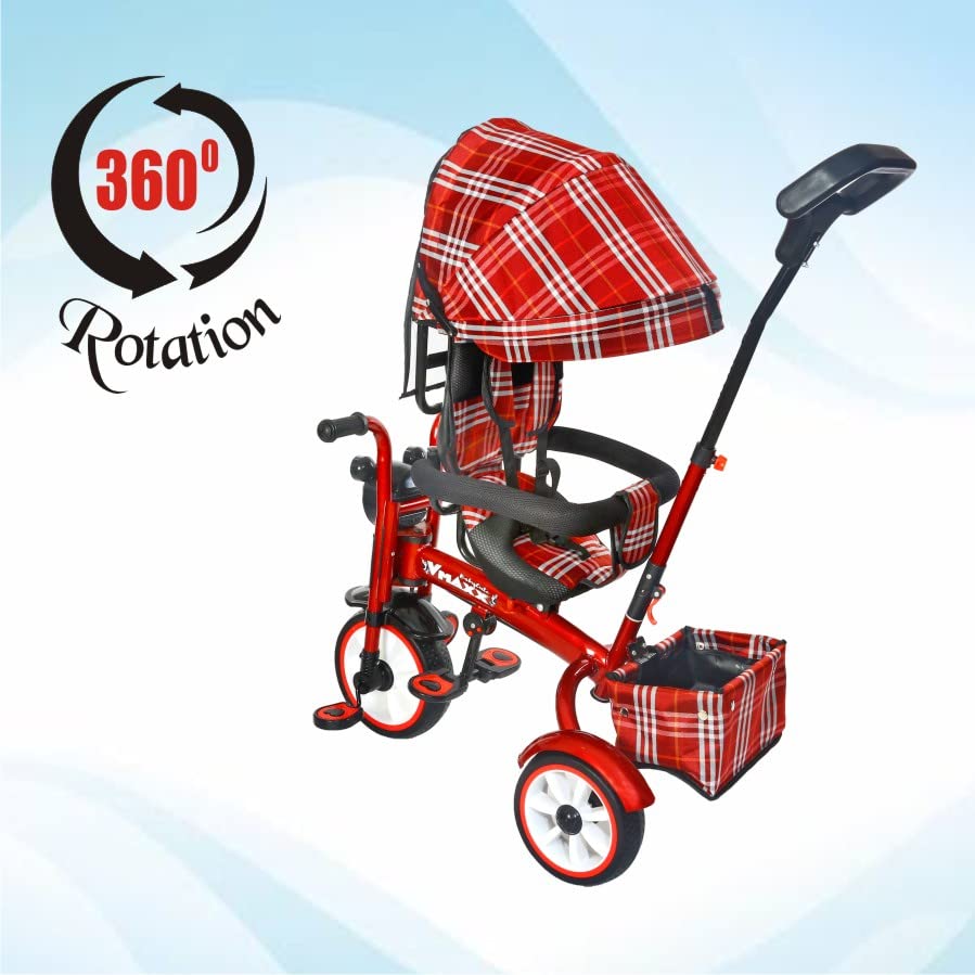 BABYCUTE Baby Tricycle for 2 Years to 5 Years | Tricycle for Kids 1 to 5 Years with Printed Canopy and Parent Push Handle (Red) - MRGTOYS