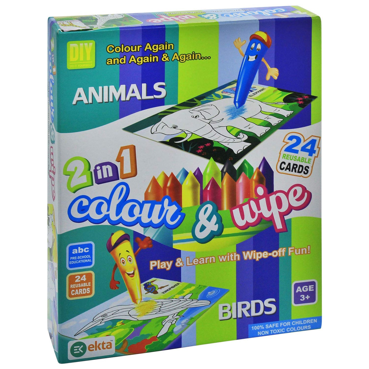 Ekta Color and Wipe Kit - Animals and Birds/ Preschool Coloring Kit for 3+ Years Toddlers/Kids