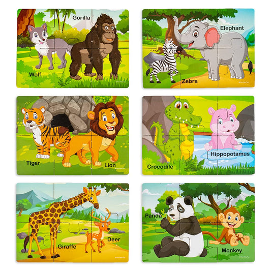 Ratna's My First Wooden Jigsaw Puzzle Wild Animals for Kids (6 Pieces, Pack of 6) Puzzle Size 17 x 12 cm
