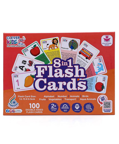 RATNA'S 8 in 1 Flash Cards 100 uniquely designed double sided flash cards features Alphabet,Number,Birds,Animals,Fruits,Vegetable,Transport & Aqua Animals  (Multicolor)