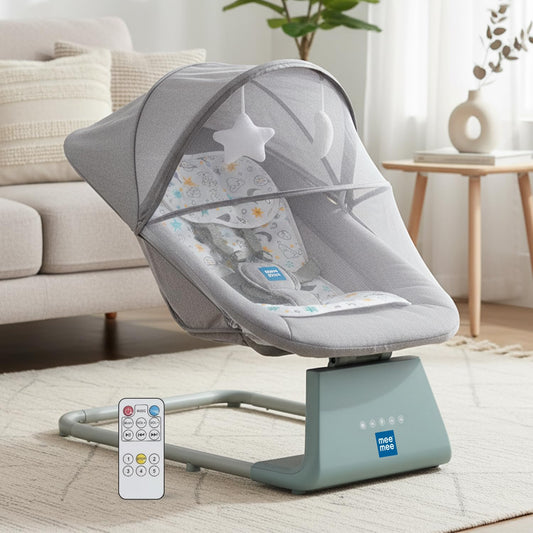 Mee Mee Electric Baby Rocking Chair | Automatic Rocker with Smart Cry Sensor Technology | Bluetooth Music Connectivity | Remote Controlled Timer | Noiseless Baby Bouncer with Safety Belt & Mosquito Net (Grey)