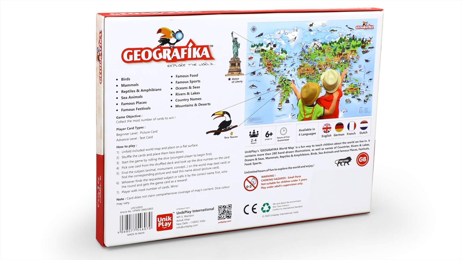 UnikPlay Geografika World Map Game - Game Night, Engaging Board Games for Kids 6-8, Kids Games Ages 4-8 – Non-Tearable, Waterproof Illustrated Map with 280+ Trivia Questions, 48 Double-Sided Cards