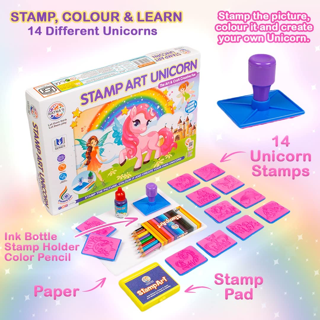 Ratna's Stamp Art Unicorn Theme, Art & Craft Creative Fun for Kids - Stamping & Colouring Set DIY Kit for Boys & Girls - MRGTOYS