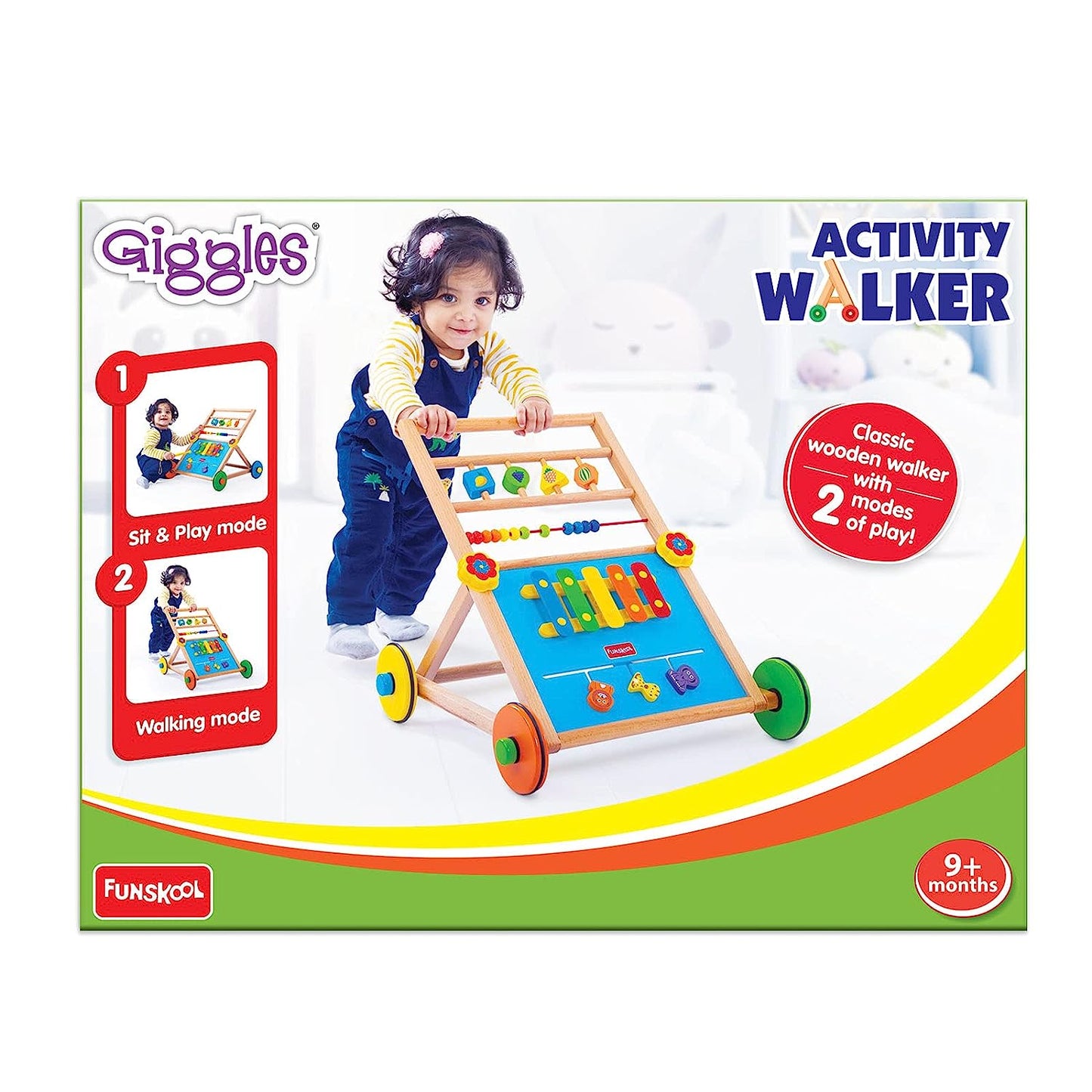 Giggles - Activity Walker, Multicolour Wooden Musical Walker, Develops Motor Skills Using Xylophone, Animal Maze, Counting Beads, Geo Shaped Spinners, 9 Months & Above, Infant Toys