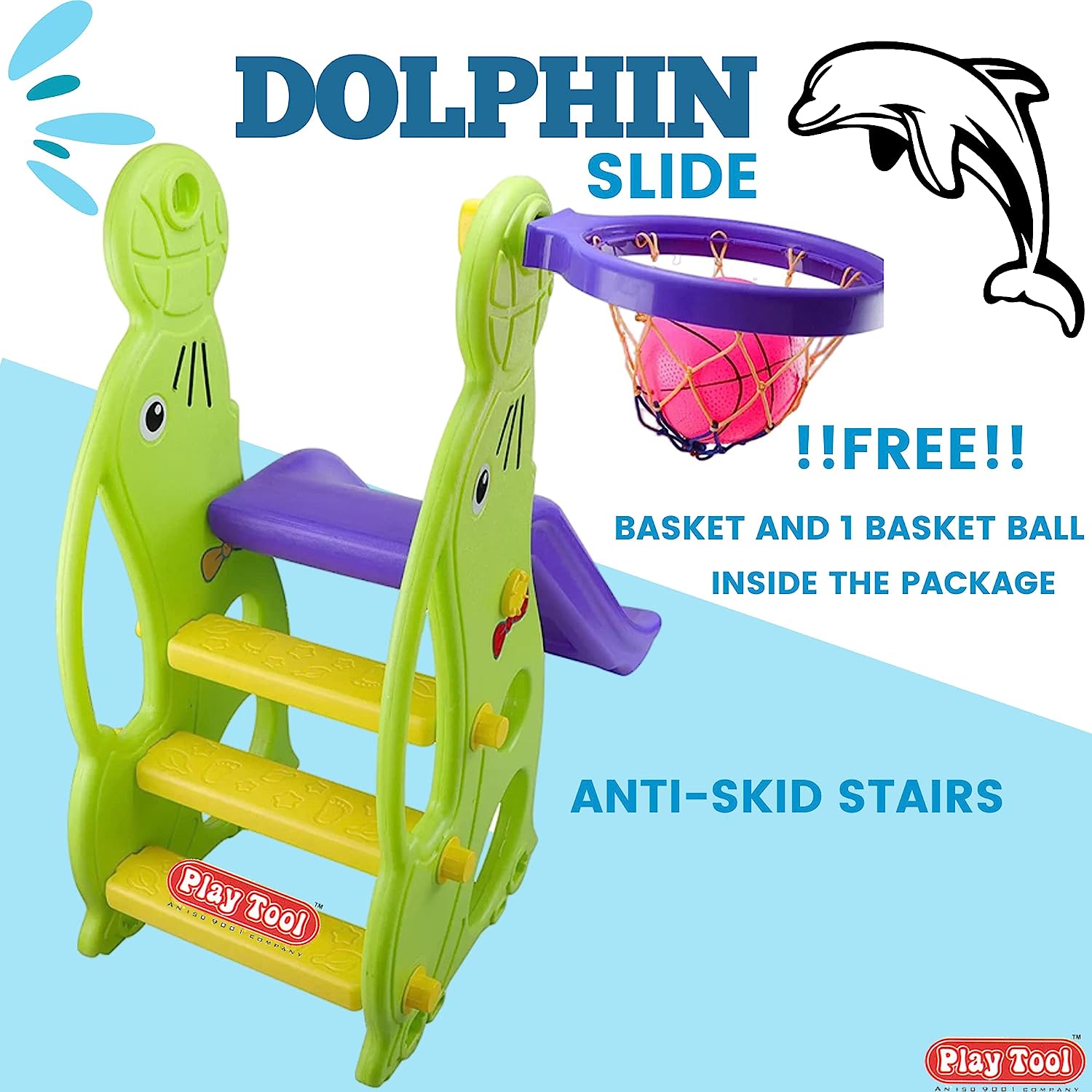 Baby Slide - Garden Slide in Dolphin Shape Along with One Basket Ball for Kids - Easy to Assemble and Use - Unbreakable Plastic - Indoor and Outdoor Use - Age - MRGTOYS