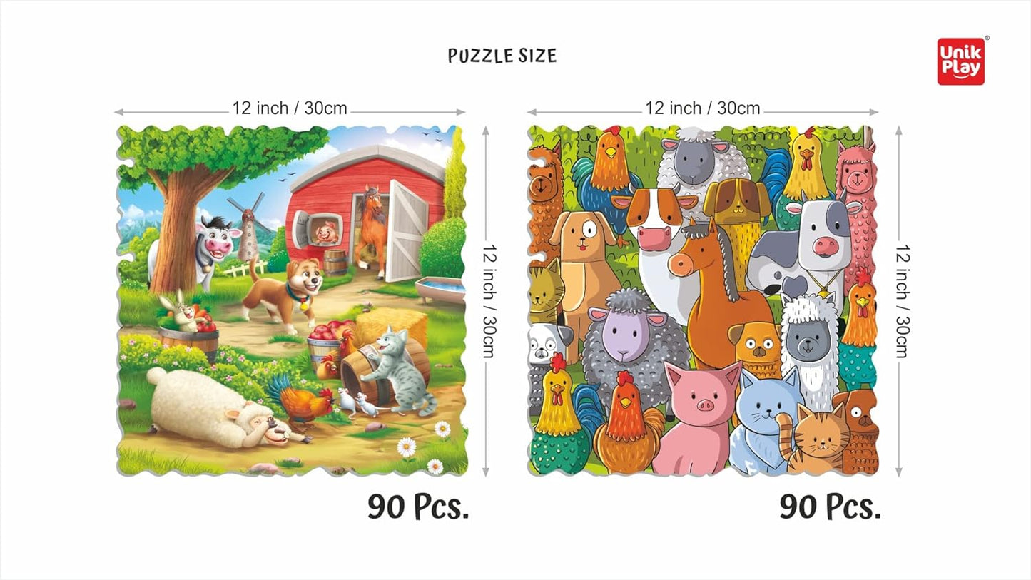 Unik Play Go Crazy Jigsaw Puzzle for Kids and Adults | Attractive Cartoon Print Puzzle with 2 Puzzle Trays for Age 6 to 99 Years-90 Pcs-(Farm Friends)