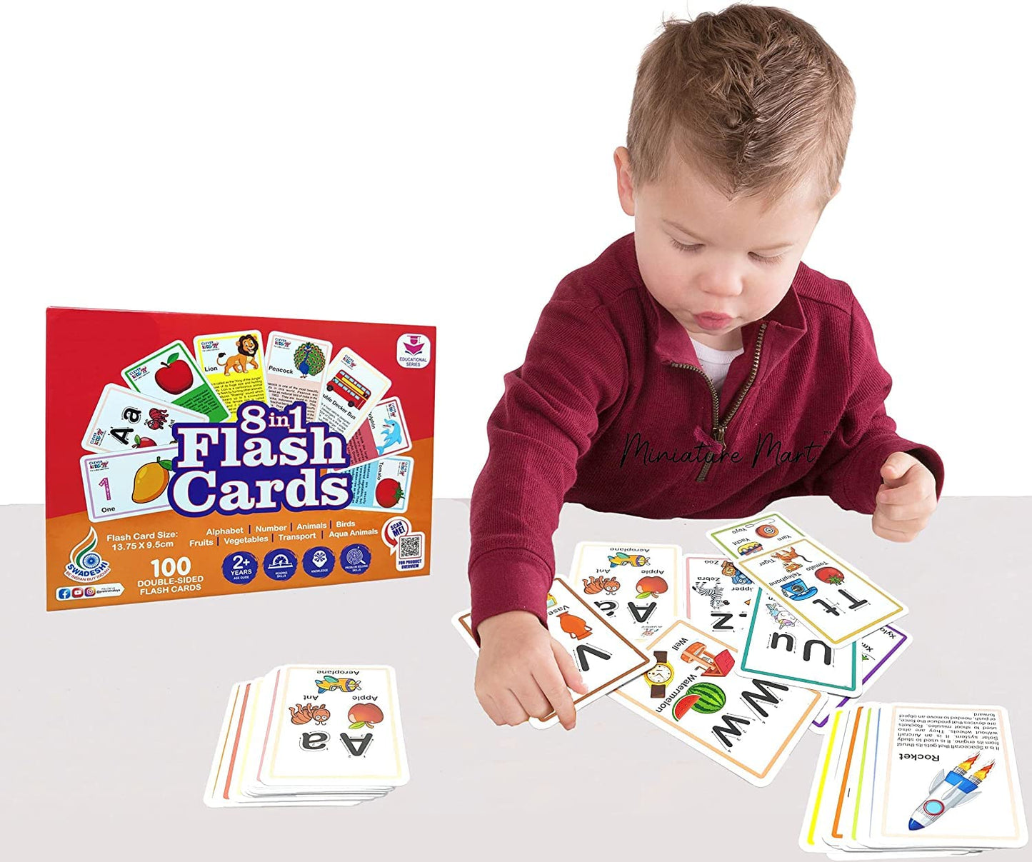 RATNA'S 8 in 1 Flash Cards 100 uniquely designed double sided flash cards features Alphabet,Number,Birds,Animals,Fruits,Vegetable,Transport & Aqua Animals  (Multicolor)