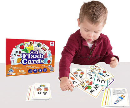 RATNA'S 8 in 1 Flash Cards 100 uniquely designed double sided flash cards features Alphabet,Number,Birds,Animals,Fruits,Vegetable,Transport & Aqua Animals  (Multicolor)