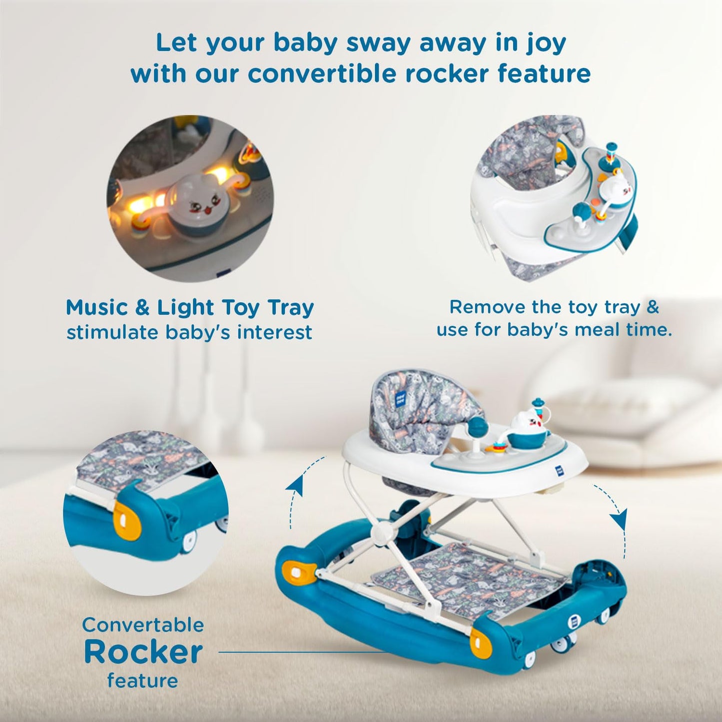 Mee Mee Baby 2 in 1 Walker & Rocker | 3 Level Adjustable Height, Light, Rattle & Musical Toys | Anti-Rollover Folding 360° Walker for Boys, Girls, Kids | Anti Fall, Anti Skid | 6-24 Months 15kg (Blue)