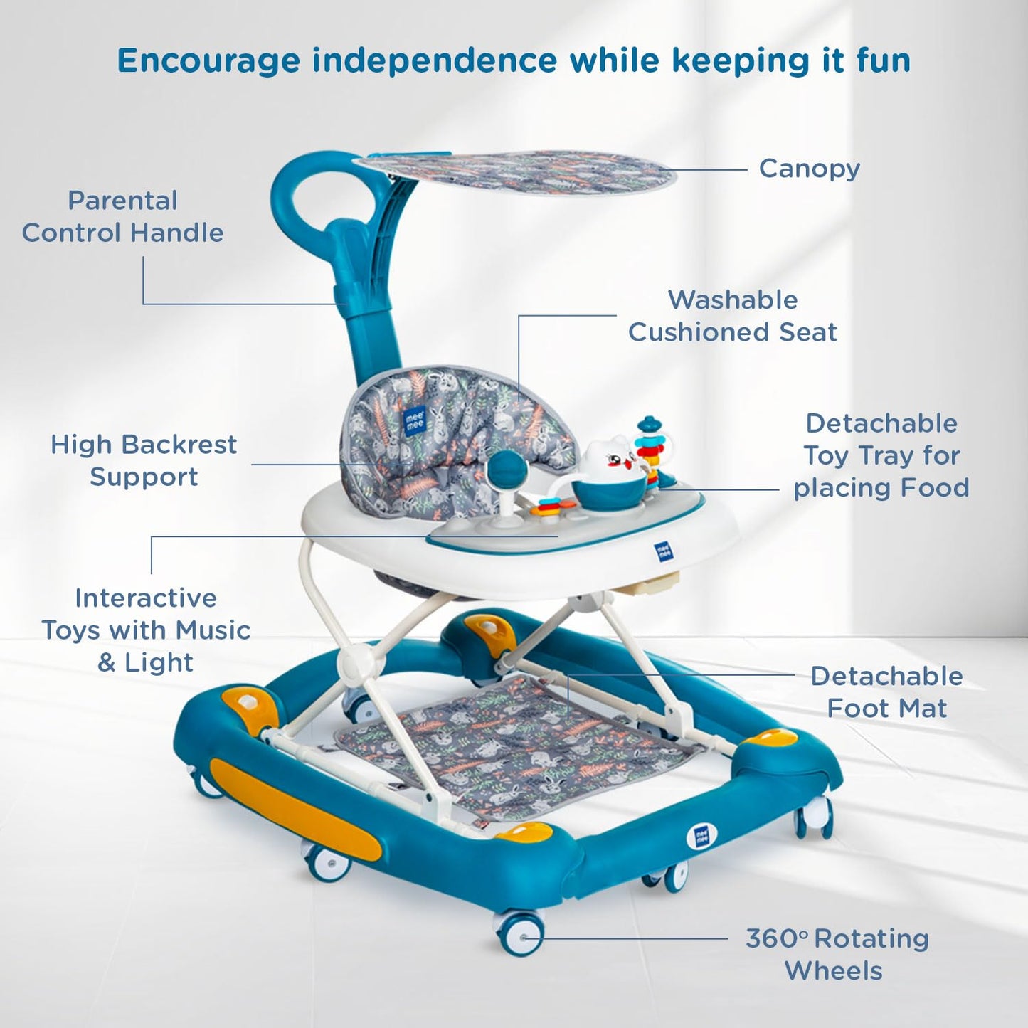 Mee Mee Baby 2 in 1 Walker & Rocker | 3 Level Adjustable Height, Light, Rattle & Musical Toys | Anti-Rollover Folding 360° Walker for Boys, Girls, Kids | Anti Fall, Anti Skid | 6-24 Months 15kg (Blue)