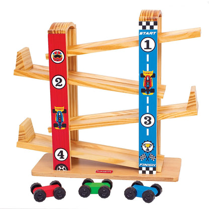 Funskool Giggles - Ramp Racer, Wooden Racing Toy with 3 Mini Cars, Fine Motor Skills, Free Wheeling Cars, 18 Months & Above, Preschool Toys