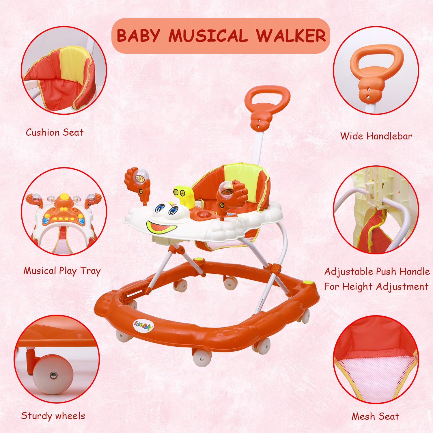 Love Baby Ultra Soft Seat Baby Activity Walker with Parental Control Handle, Adjustable Height and Musical Tray and Toys  (Orange) - MRGTOYS