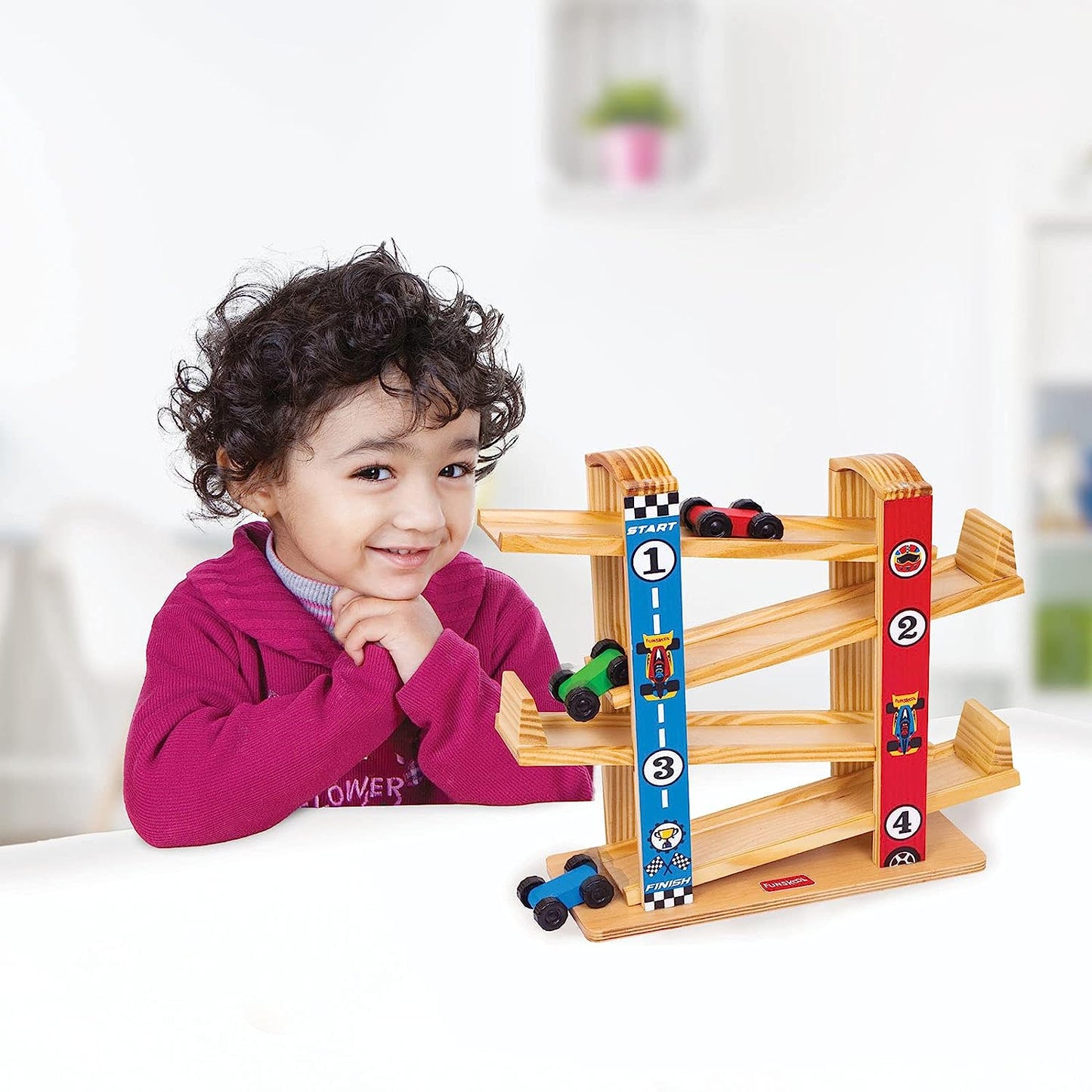 Funskool Giggles - Ramp Racer, Wooden Racing Toy with 3 Mini Cars, Fine Motor Skills, Free Wheeling Cars, 18 Months & Above, Preschool Toys