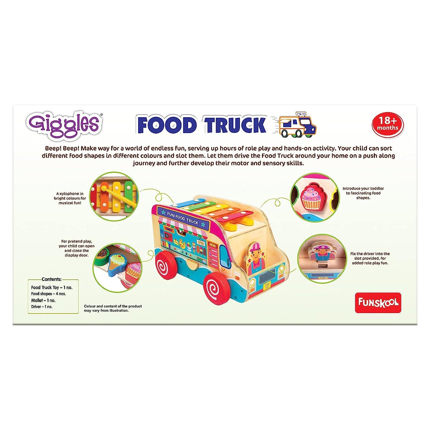 Giggles - Food Truck, Educational Wooden Push Along Toy with Icecream Shapes, Pretend Play,Shape Sorting,Free Wheel, 6 Months & Above, Infant and Preschool Toys