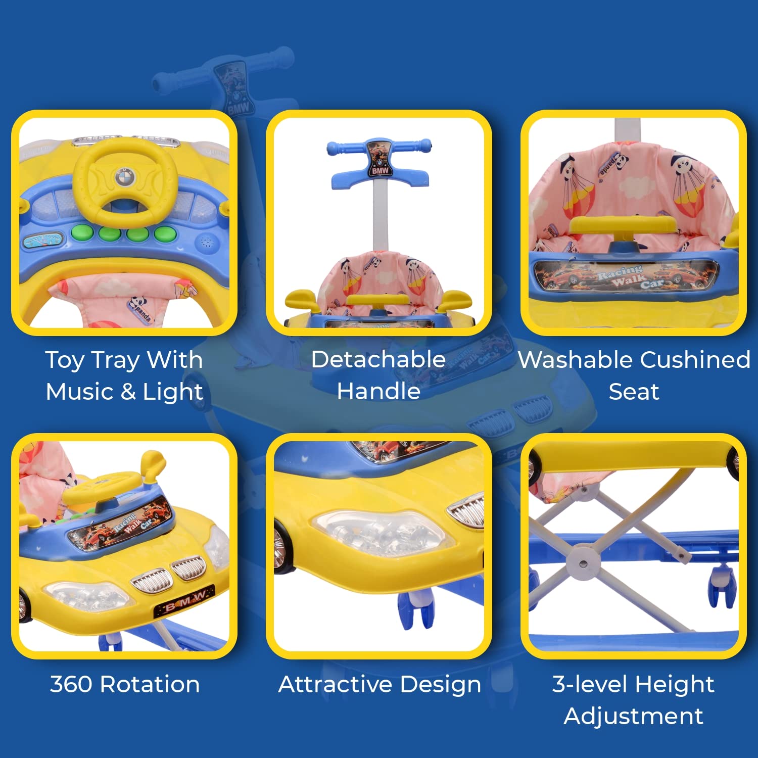 B.M.W Baby Walker Adjustable Height with Height Adjustable 6-18 Months Baby Walker Walker for Kids, Walker with Parental Push Handle | Activity Walker for Baby with Musical Boys Girls (Blue) - MRGTOYS