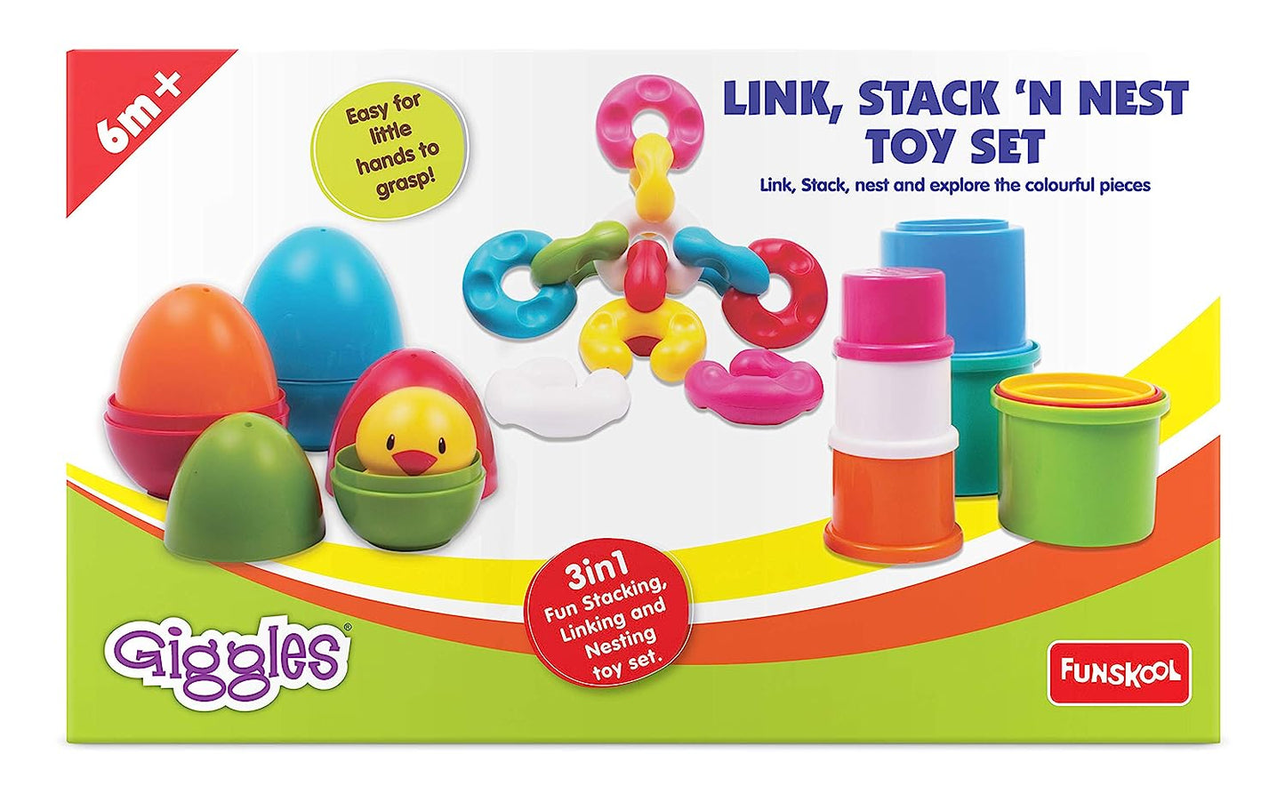 Giggles - Link Stack N Nest Toy Set , Multicolour 3 in 1 gift set, Develops motor skills , 6 months & above, Infant and Preschool Toys