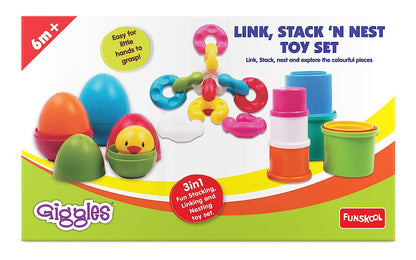 Giggles - Link Stack N Nest Toy Set , Multicolour 3 in 1 gift set, Develops motor skills , 6 months & above, Infant and Preschool Toys