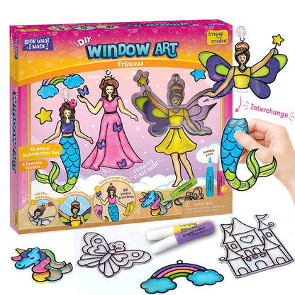 Imagimake Window Art - Princess - 16 Pieces Glass Painting Set - Princess, Mermaid, Unicorn Designs - Craft Kit for Girls 5 Years & Above GAMES