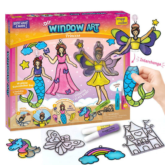 Imagimake Window Art - Princess - 16 Pieces Glass Painting Set - Princess, Mermaid, Unicorn Designs - Craft Kit for Girls 5 Years & Above GAMES