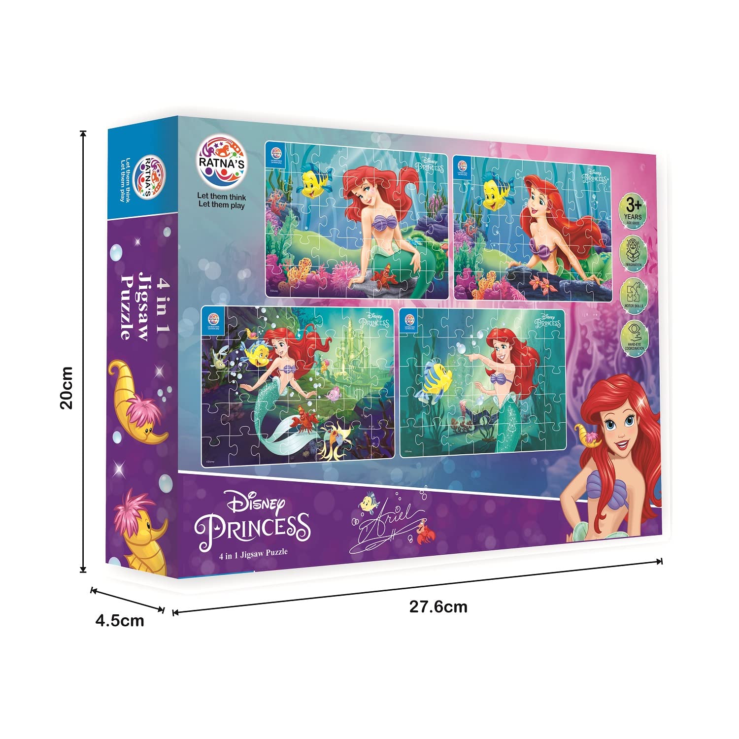 Ratna's 4 in 1 Disney Jigsaw Puzzle 140 Pieces for Kids. 4 Jigsaw Puzzles 35 Pieces Each (Mermaid Ariel) - MRGTOYS