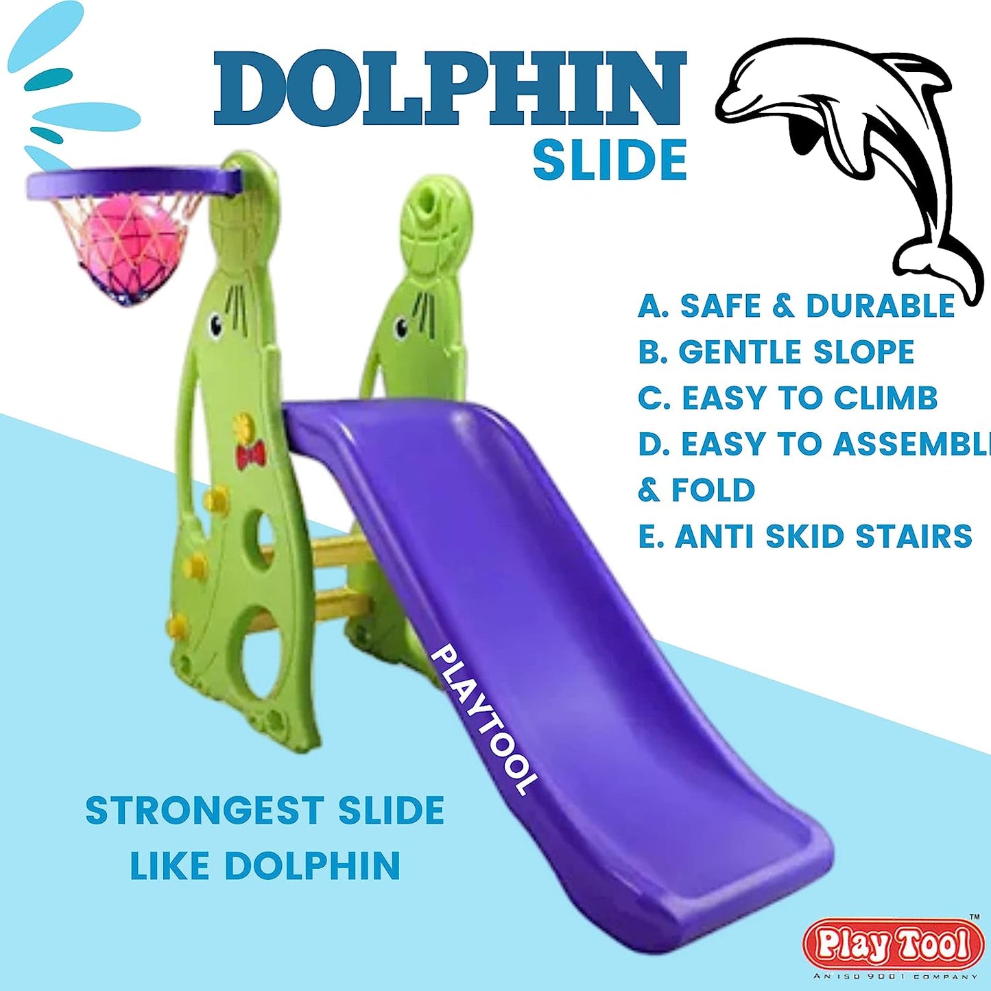 Baby Slide - Garden Slide in Dolphin Shape Along with One Basket Ball for Kids - Easy to Assemble and Use - Unbreakable Plastic - Indoor and Outdoor Use - Age - MRGTOYS