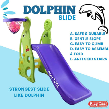 Baby Slide - Garden Slide in Dolphin Shape Along with One Basket Ball for Kids - Easy to Assemble and Use - Unbreakable Plastic - Indoor and Outdoor Use - Age - MRGTOYS