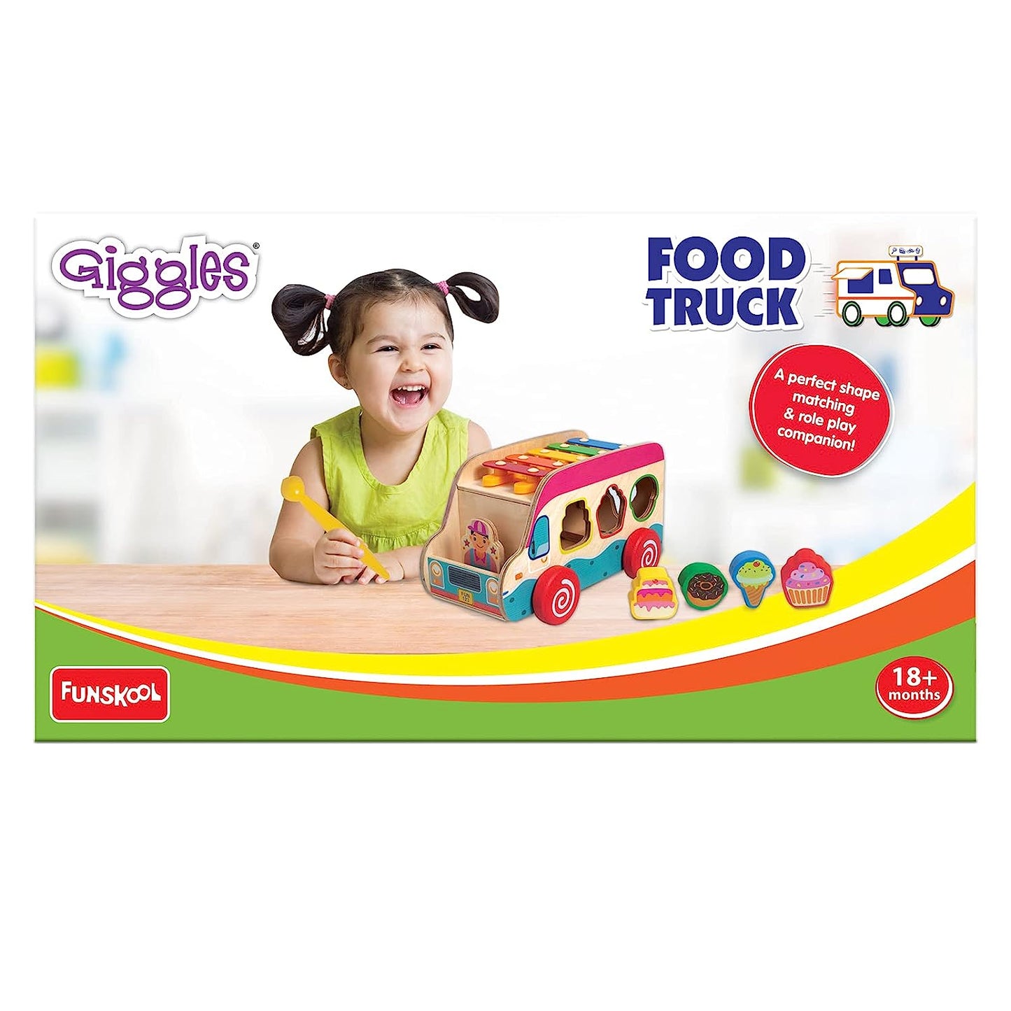 Giggles - Food Truck, Educational Wooden Push Along Toy with Icecream Shapes, Pretend Play,Shape Sorting,Free Wheel, 6 Months & Above, Infant and Preschool Toys