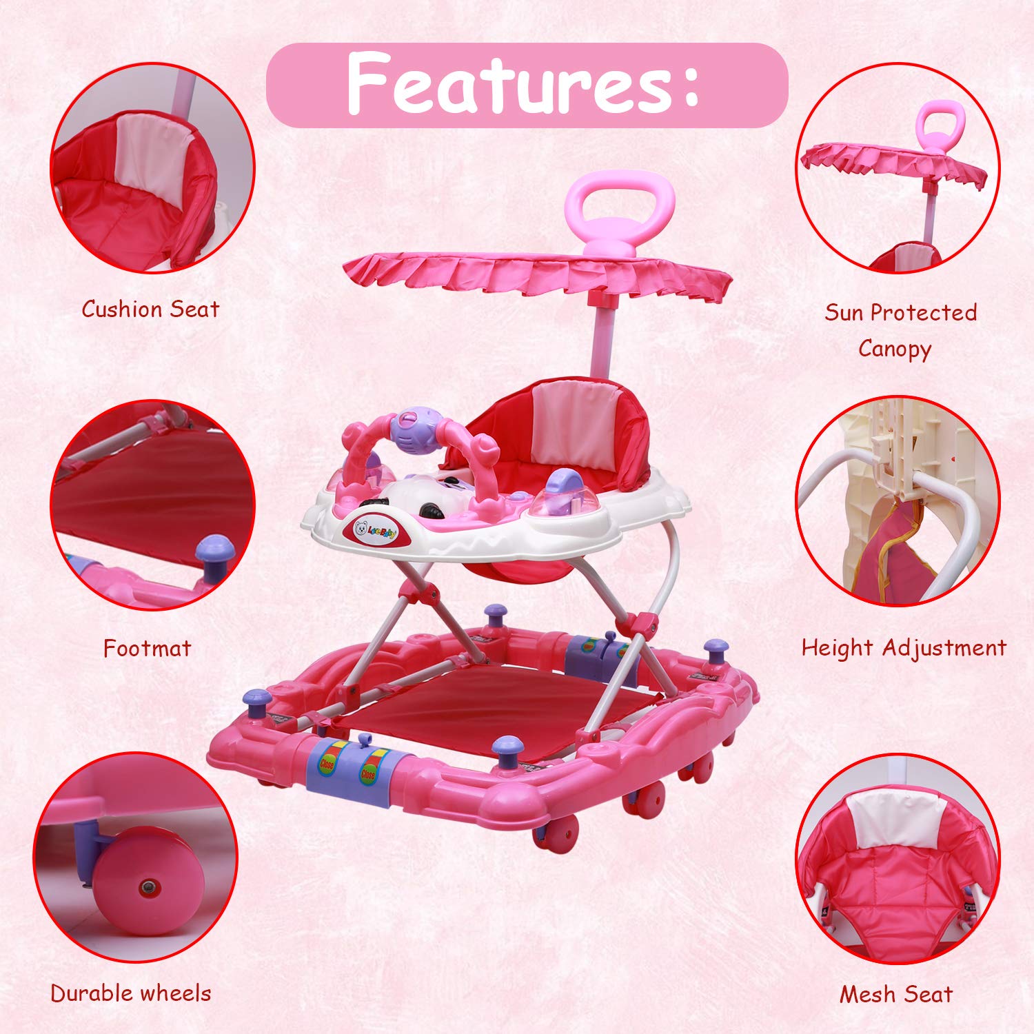 Love Baby Activity Walker for Kids with Canopy Adjustable Height Musical Tray and Light for 6 Months  Kids (Pink) - MRGTOYS