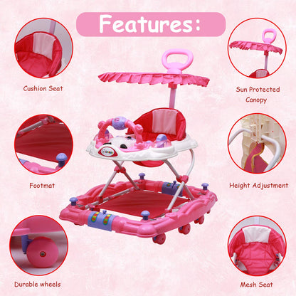 Love Baby Activity Walker for Kids with Canopy Adjustable Height Musical Tray and Light for 6 Months  Kids (Pink) - MRGTOYS