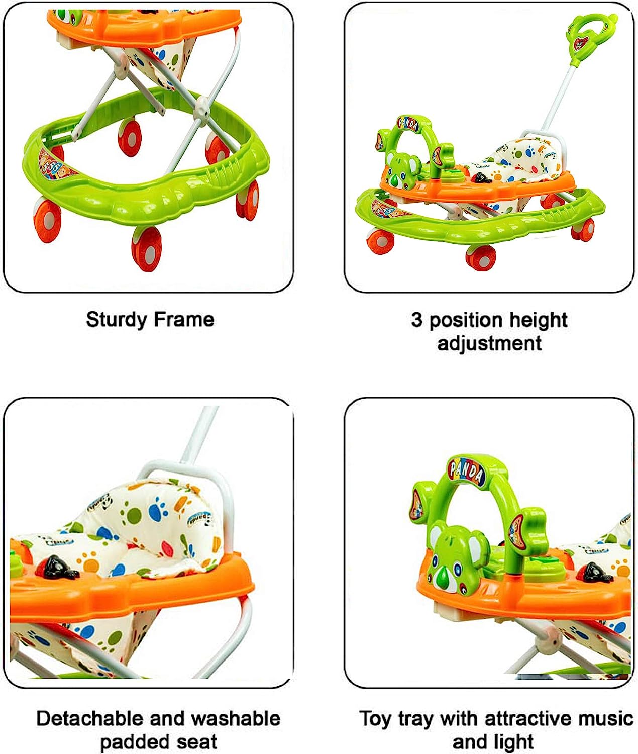 Musical Activity Baby Walker 555 with Music & Parent Handel Rod & Adjustable Height for Kids (Green) - MRGTOYS
