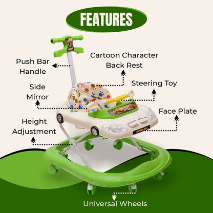 B.M.W Baby Walker Adjustable Height with Height Adjustable 6-18 Months Baby Walker Walker for Kids, Walker with Parental Push Handle | Activity Walker for Baby with Musical Boys Girls (Green) - MRGTOYS