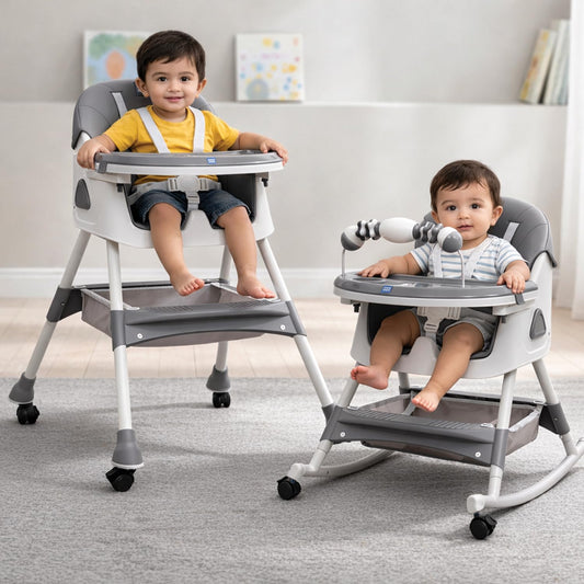 Mee Mee Cherub Baby High Chair for Baby Feeding, 5-in-1 Convertible Kids Feeding Chair Compact Fold, High Adjustable, Play Chair Booster Seat Dual Meal Trays, 0.5 to 3 Years Kids (Grey)