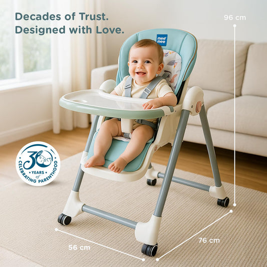 Mee Mee Royal Rise 3-in-1 Baby Highchair with Swing Mode, Recline & Adjustable Height | Foldable Feeding Chair with 5-Point Safety Harness, Wheels & Removable Tray | 6 Months to 4 Years (Light Grey)