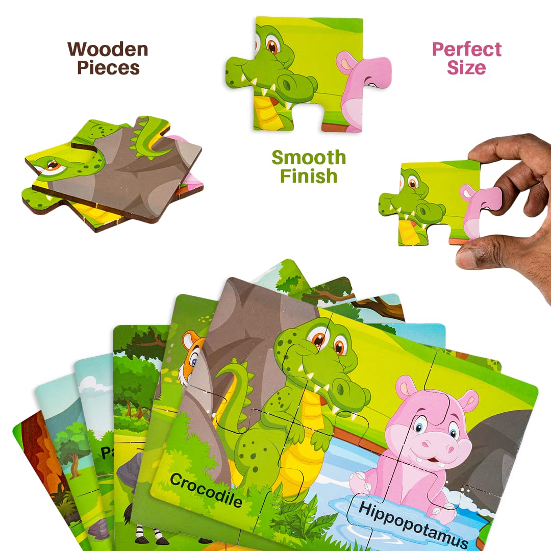 Ratna's My First Wooden Jigsaw Puzzle Wild Animals for Kids (6 Pieces, Pack of 6) Puzzle Size 17 x 12 cm