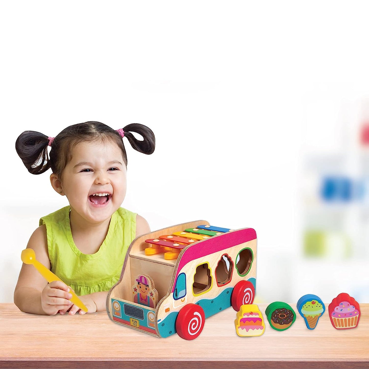 Giggles - Food Truck, Educational Wooden Push Along Toy with Icecream Shapes, Pretend Play,Shape Sorting,Free Wheel, 6 Months & Above, Infant and Preschool Toys