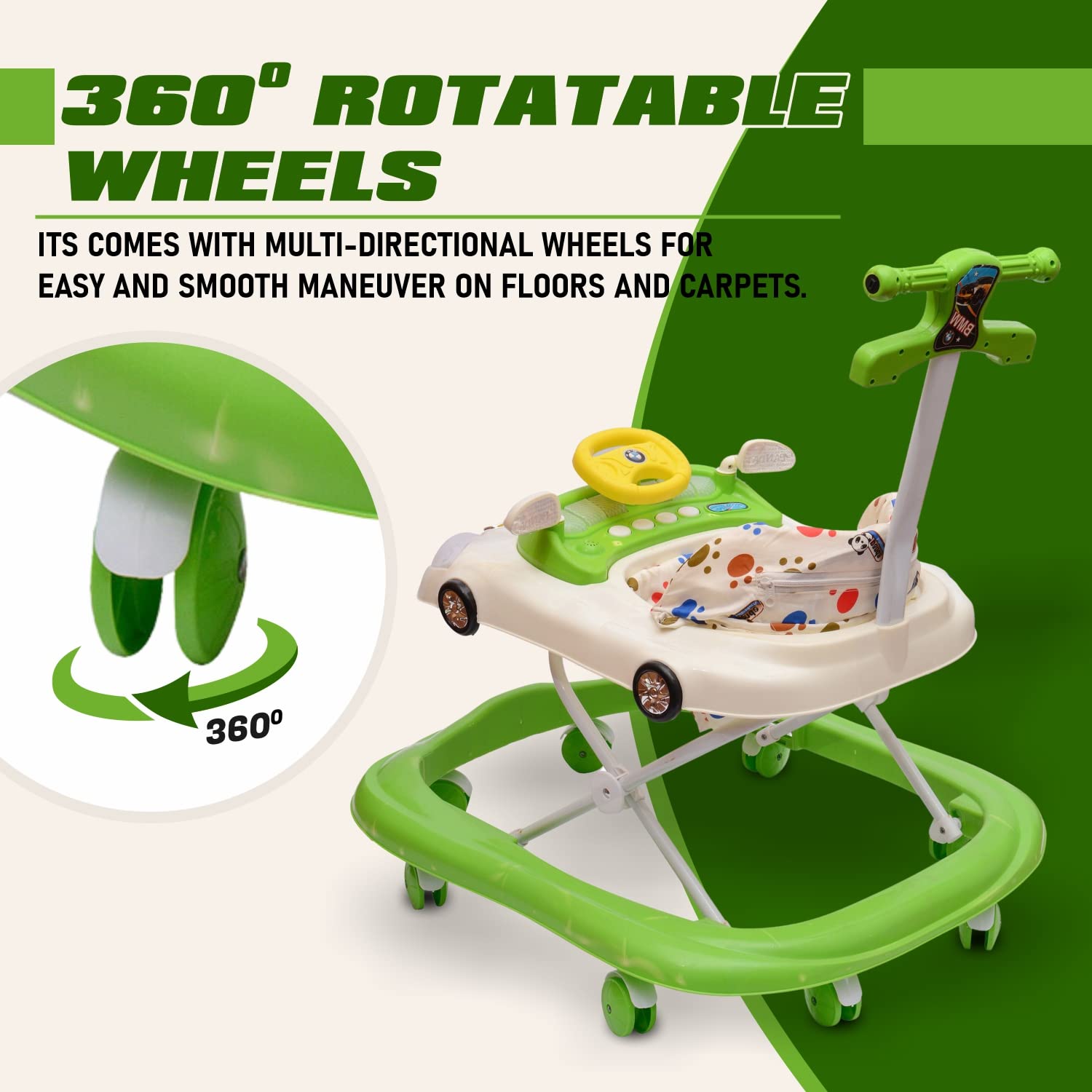 B.M.W Baby Walker Adjustable Height with Height Adjustable 6-18 Months Baby Walker Walker for Kids, Walker with Parental Push Handle | Activity Walker for Baby with Musical Boys Girls (Green) - MRGTOYS