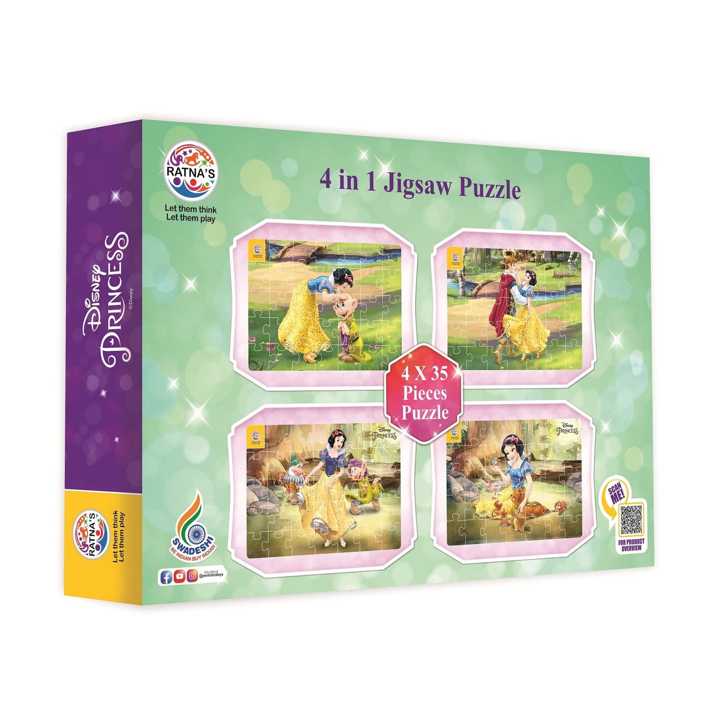 Ratna's 4 in 1 Disney Princess Snow White Jigsaw Puzzle 140 Pieces for Kids. 4 Jigsaw Puzzles 35 Pieces Each - MRGTOYS