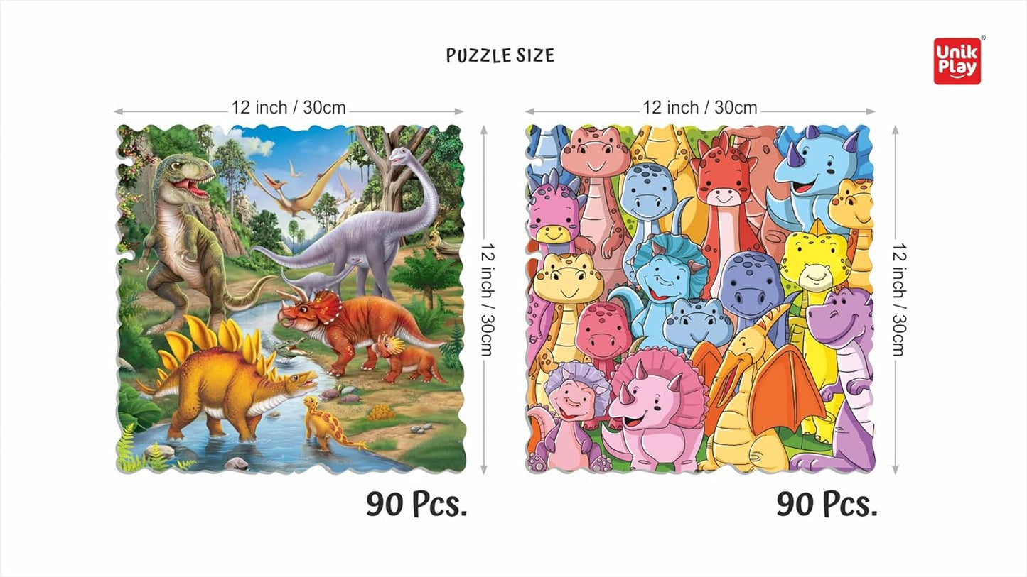 Unik Play Go Crazy Jigsaw Puzzle for Kids and Adults | Attractive Cartoon Print Puzzle with 2 Puzzle Sorting Trays for Age 6 to 99 Years-90 Pcs-(Dino)