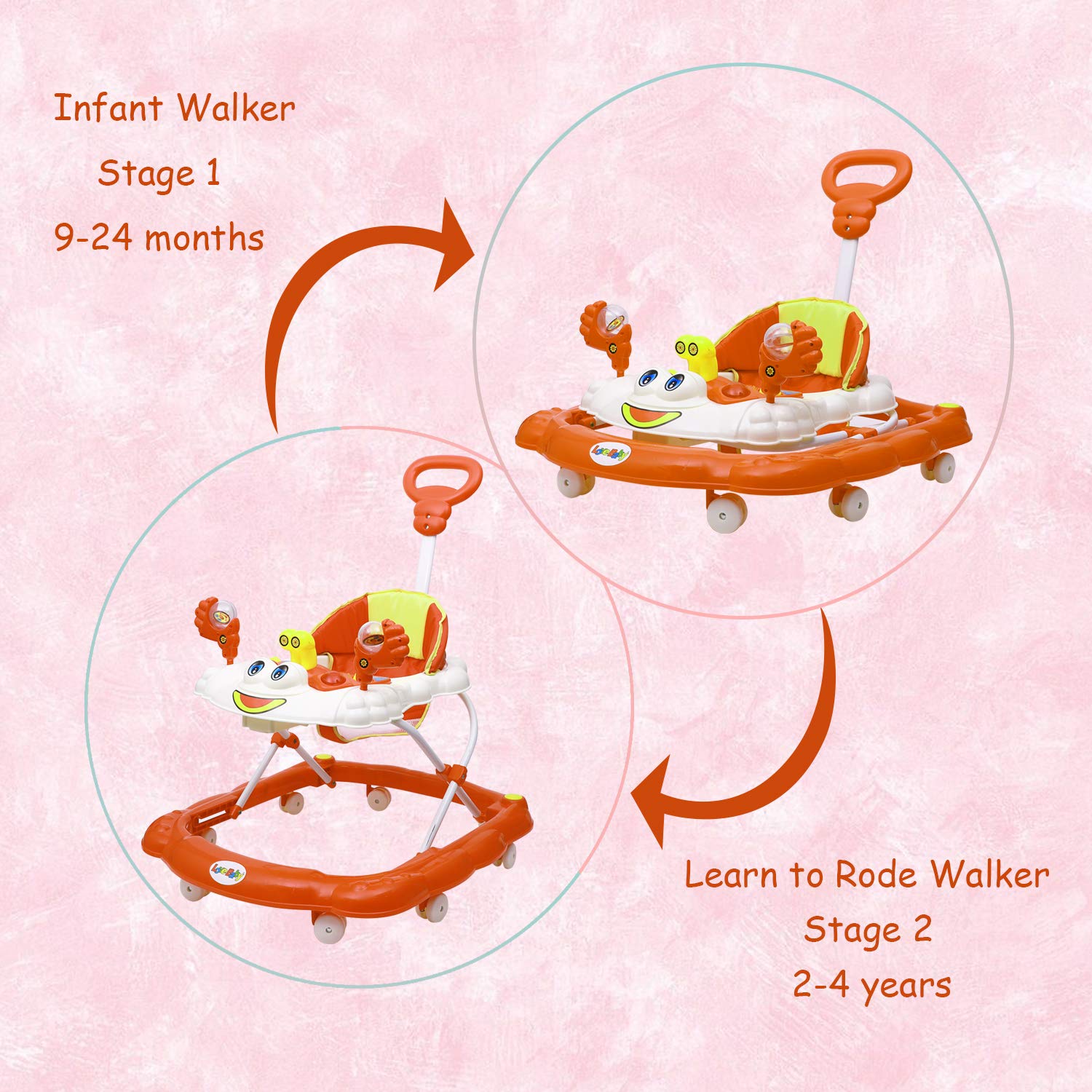 Love Baby Ultra Soft Seat Baby Activity Walker with Parental Control Handle, Adjustable Height and Musical Tray and Toys  (Orange) - MRGTOYS
