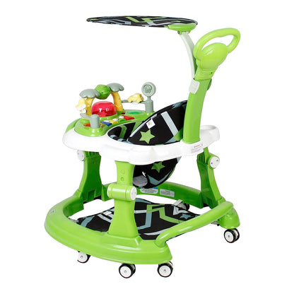 Steelbird Walk-N-Hop Unisex Anti Fall Toddler Hop, Sit & Stand Walker with Sun Shield and Push Hand Bar, Removable Toy Tray, Music System and Height Adjustments for 9-18 Months (Green)