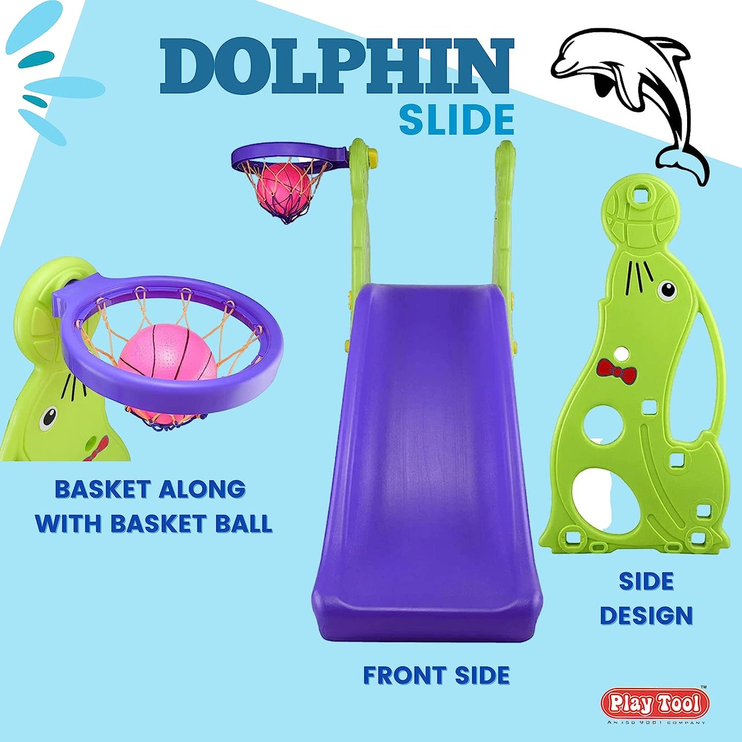 Baby Slide - Garden Slide in Dolphin Shape Along with One Basket Ball for Kids - Easy to Assemble and Use - Unbreakable Plastic - Indoor and Outdoor Use - Age - MRGTOYS