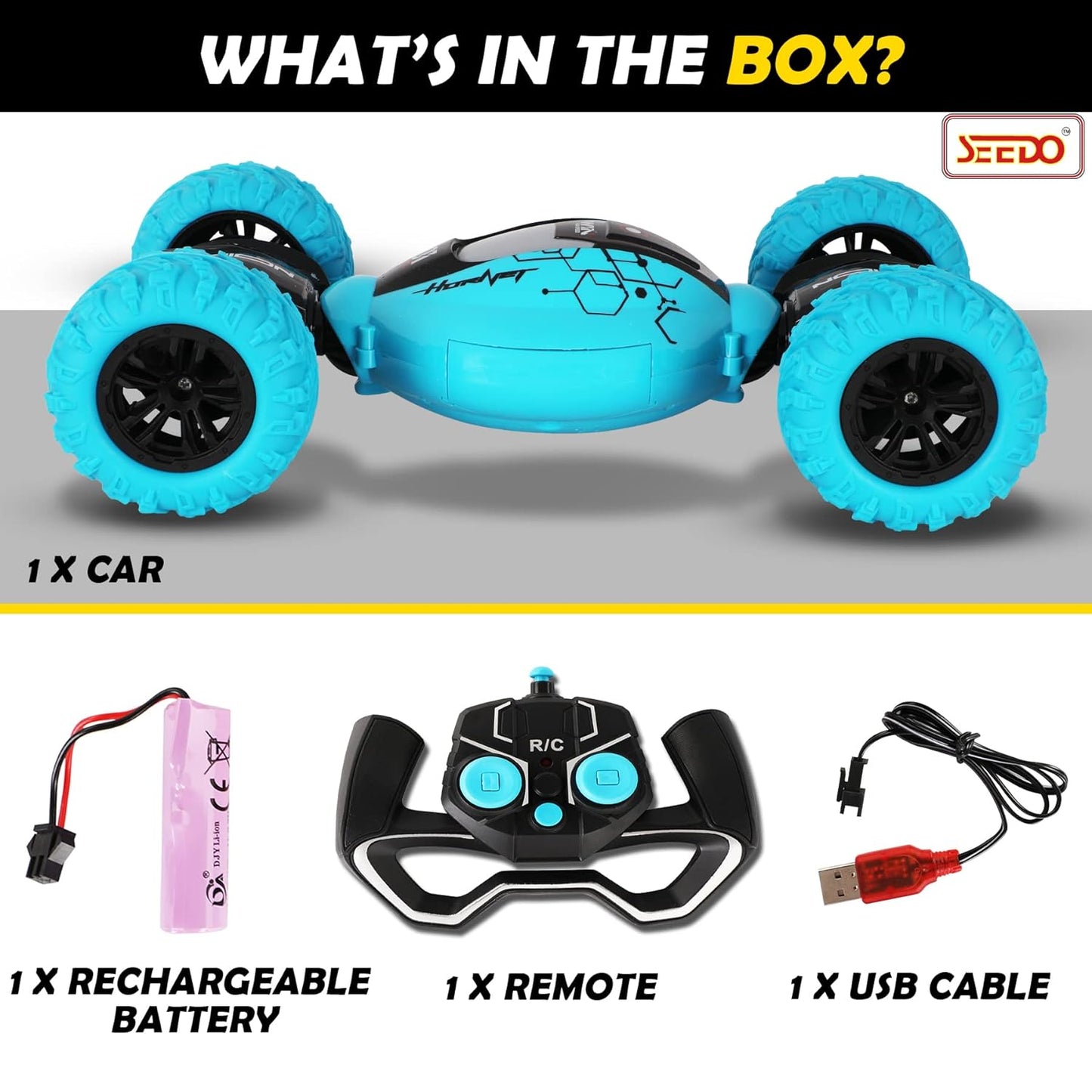 SEEDO Remote Control Rechargeable Twisting Stunt Car 1:16 Scale 360 Degree Double Sided Rotation 2.4 GHz All Terrain RC Vehicle Toy with Multi Line Technology for Kids 8+ Years COLOR MAY VARY