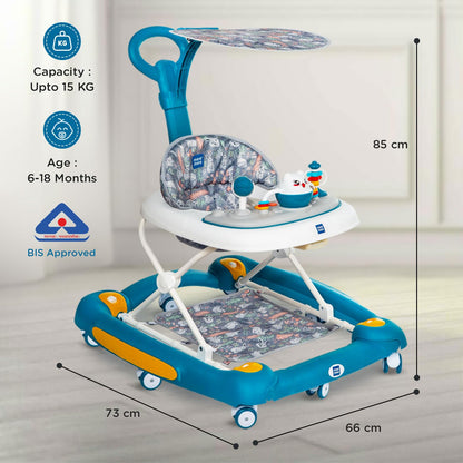 Mee Mee Baby 2 in 1 Walker & Rocker | 3 Level Adjustable Height, Light, Rattle & Musical Toys | Anti-Rollover Folding 360° Walker for Boys, Girls, Kids | Anti Fall, Anti Skid | 6-24 Months 15kg (Blue)