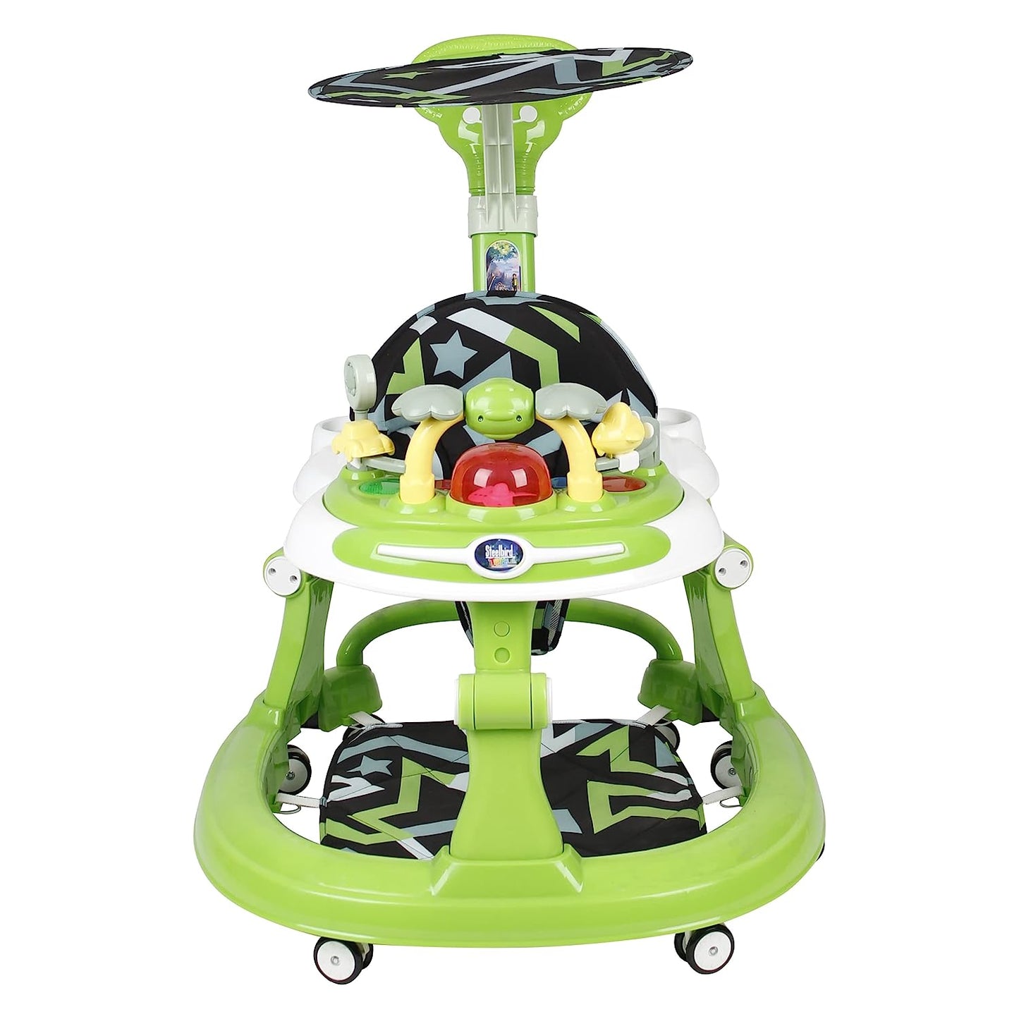 Steelbird Walk-N-Hop Unisex Anti Fall Toddler Hop, Sit & Stand Walker with Sun Shield and Push Hand Bar, Removable Toy Tray, Music System and Height Adjustments for 9-18 Months (Green)