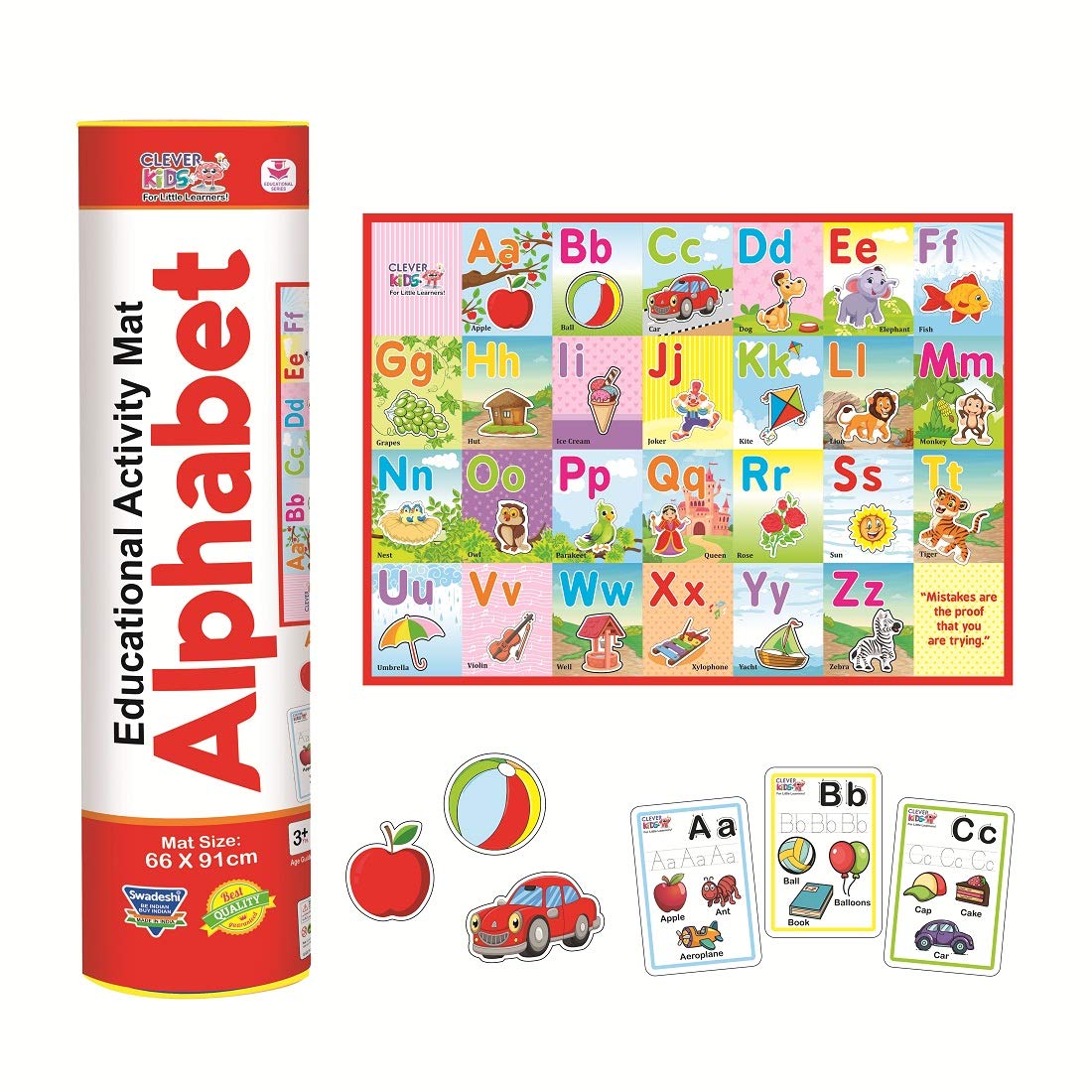 RATNA'S Clever Kids Educational Alphabet Activity mat ( 91 cms x 66 cms Jumbo mat) with 13 Both Sides Printed Flash Cards & 26 Transport Vehicle eva Cutouts with Velcro.- Multi Color