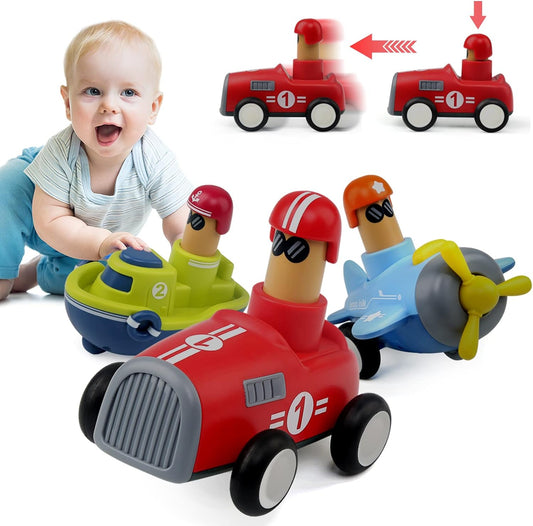 Pack of 4 Toy Cars Push and Go Play Set Friction Powered Car Pull Back Vehicles Transport Tools Gifts for Babies Toddlers Kids Boys Girls Age 3+ Years Old (Including Car Airplane Boat Train)