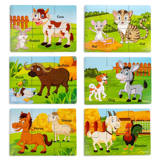 Ratna's My First Wooden Jigsaw Puzzle Domestic Animals for Kids (6 Pieces, Pack of 6; Total 36 pcs) Puzzle Size 17 x 12 cm